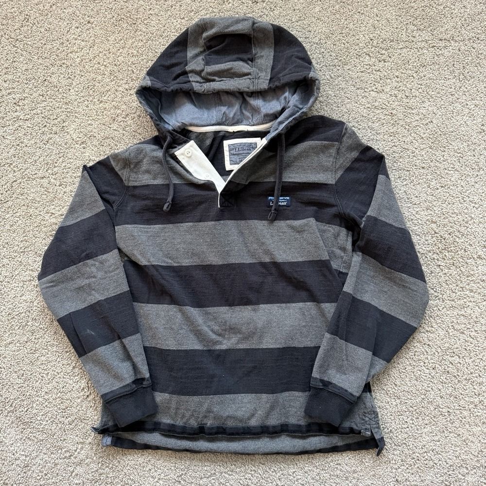 LL Bean Hoodie Pullover Mens M Gray Black Striped Rugby Shirt Traditional Fit